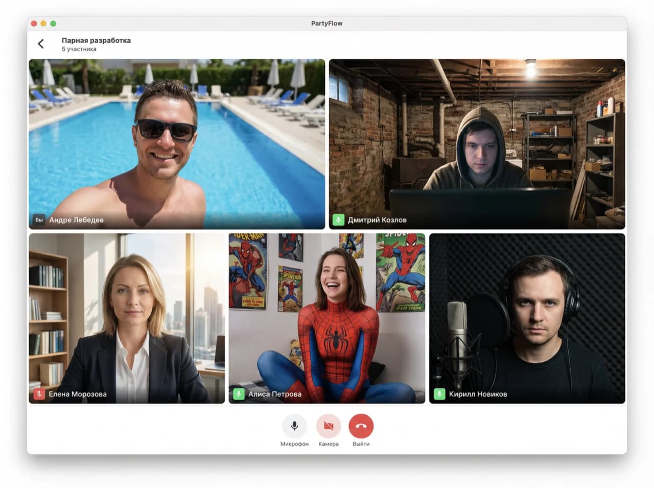Видеозвонок PartyFlow — 5 участников с видео